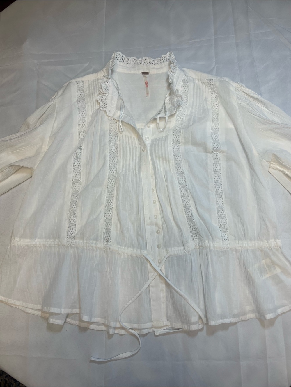Free People White Lace-Trim Button Front Peplum Top